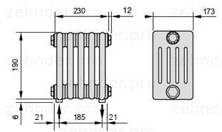 Схема (чертеж) Радиатор Zehnder Charleston 5019/5 №5310 Белый глянцевый RAL 9016